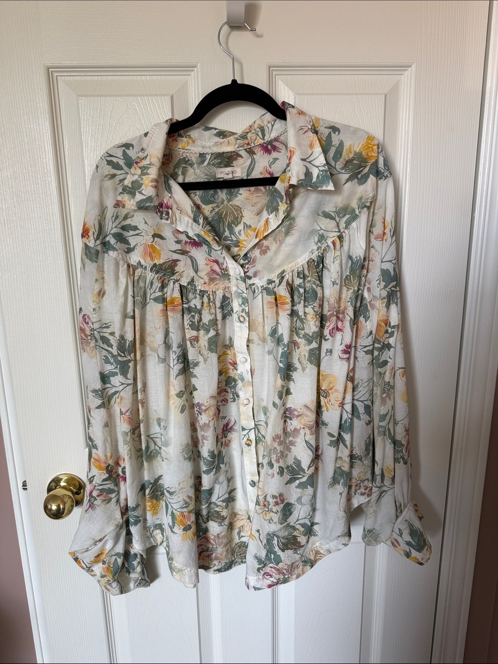 Pilcro Floral Button-Front Blouse - White with Green, Yellow & Pink Floral